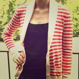 Coral & Cream-Striped Sweater (Size Small)