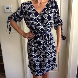 Navy & white faux-wrap dress with elastic waist