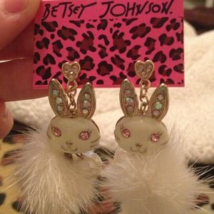 Betsey Johnson Fluffy White Bunny Earrings