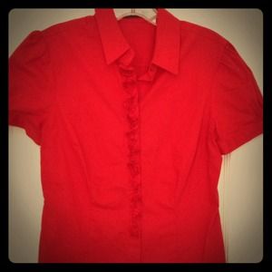 Cheery red button down with rosette detail!!