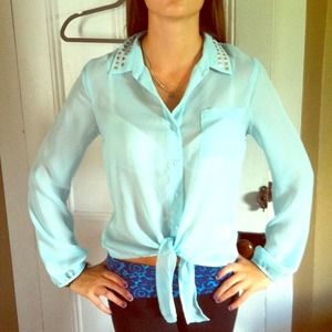 Light blue long studded collar top