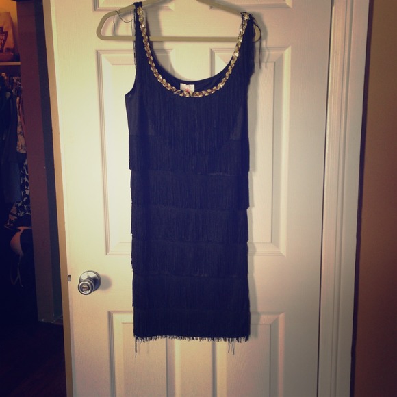 Flapper Costume Dress - Black Fringe with Gold - M