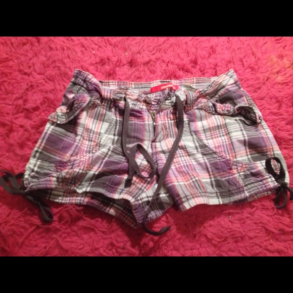 Pants - Pink, purple, gray plaid shorts, side ties.