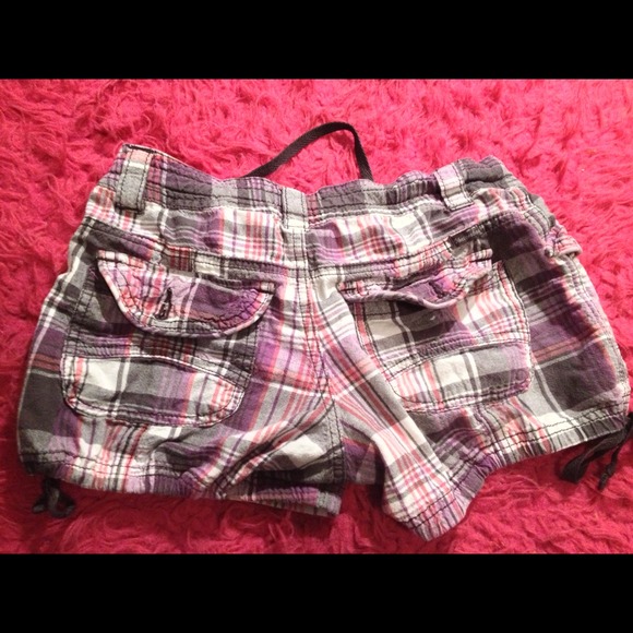 Pink, purple, gray plaid shorts, side ties. - Picture 2 of 2