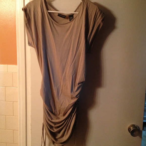 NY & Co. Taupe Ruched Drawstring Versatile Top - Picture 1 of 2