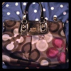 Coach Purse, light grey, dark grey, and purple