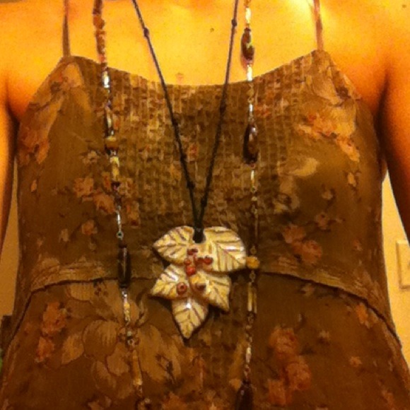 Boho Chic Handmade Clay Leaf Pendant Necklace