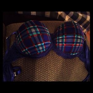 Blue, Red, and Green Plaid push up bra/ lace trim