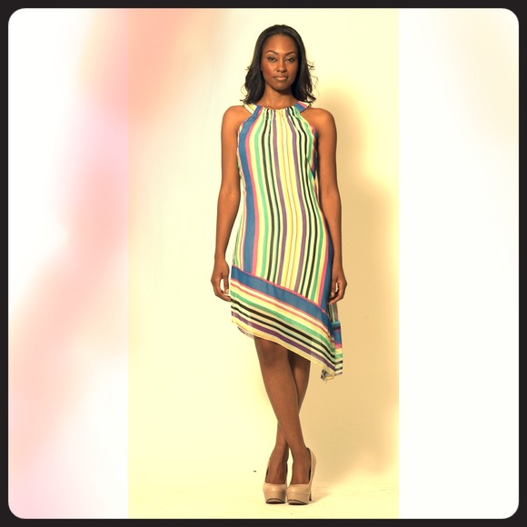 Bacci Asymmetrical Halter Vertical Stripe Dress