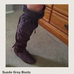 Grey Suede Knee High Boots