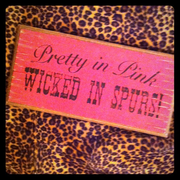 'Pretty in pink, wicked in spurs' wooden wall plaq