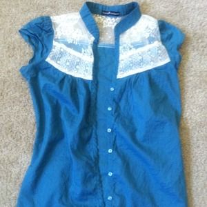 Teal and lace button up top