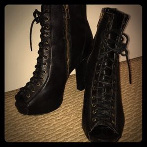 Black peep toe lace up high heel bootie