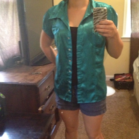 Pretty turquoise button up silk shirt