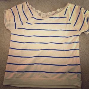 Off white, blue stripe top with lace back