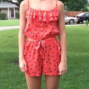 Coral polka dot romper NWOT