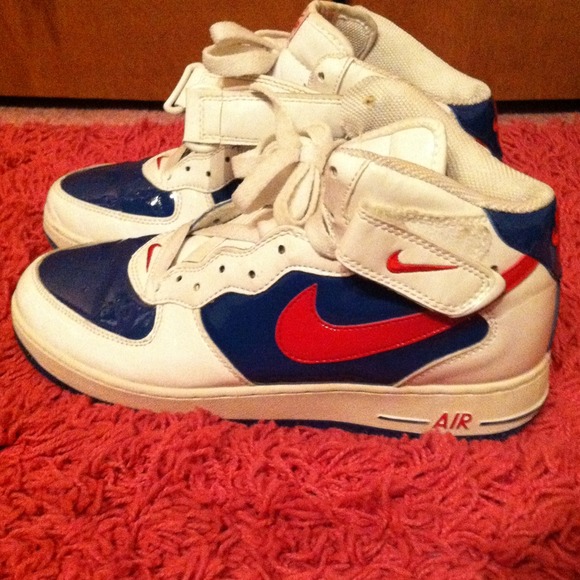 red and blue high top air force ones