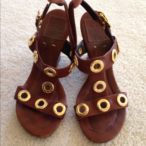 Tory Burch Shoes - Tory Burch Cognac Leather Wedge Heel Shoes