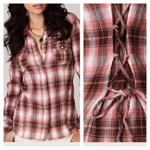 FREE PEOPLE brown plaid snap button down