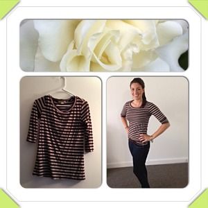 Brown and Gray Striped 3/4 Sleeved Tee