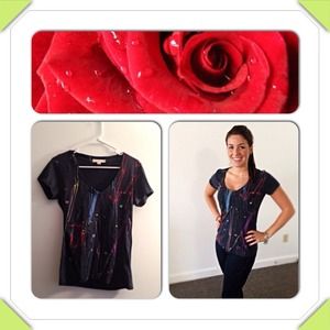 Paint Spattered Gray Short Sleeved V-neck Tee