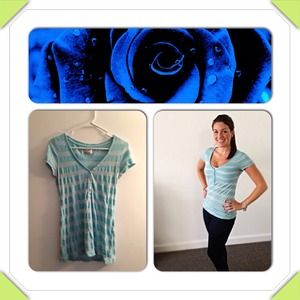 Light Blue Striped Short Sleeved Button Down Tee