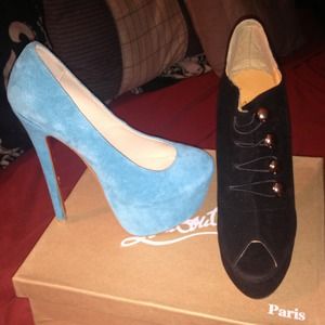 Christian Louboutin- black bootie & teal heel!