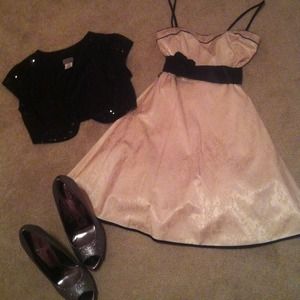 Blush pink formal dress with black flower and sash