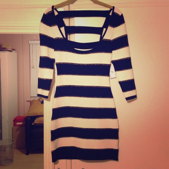New Party Dress Striped Black/white/gold With Tags