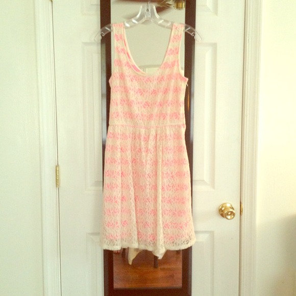Pink and white stripe lace summer dress zipper