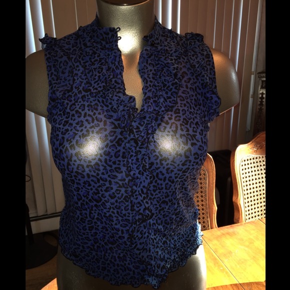 Royal Blue Cheetah Print Ruffle Stretch Top - Picture 3 of 4