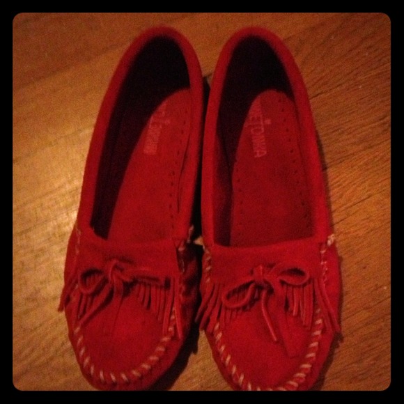 Red suede Minnetonka moccasins!