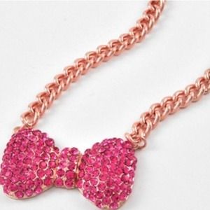 Pretty Hot Pink Rose Gold Bow tie Necklace