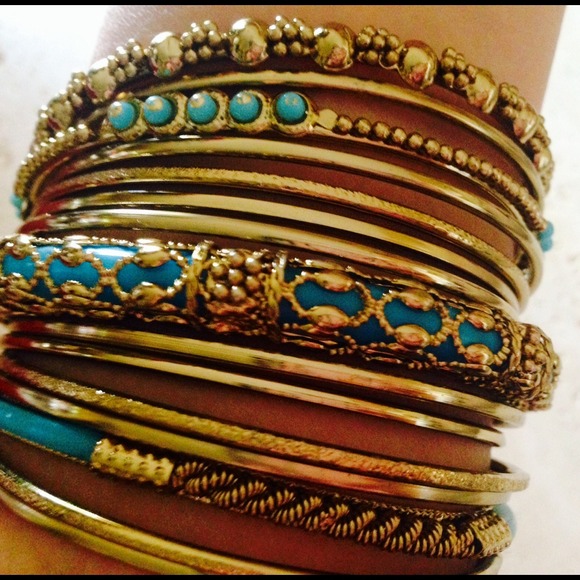 Gold Turquoise Bangle Bracelets - Picture 2 of 3