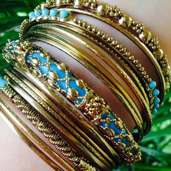Gold Turquoise Bangle Bracelets - Picture 3 of 3
