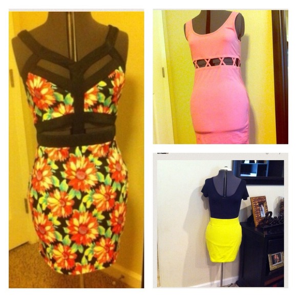 pink dress and flower dress and neon skirt bundle