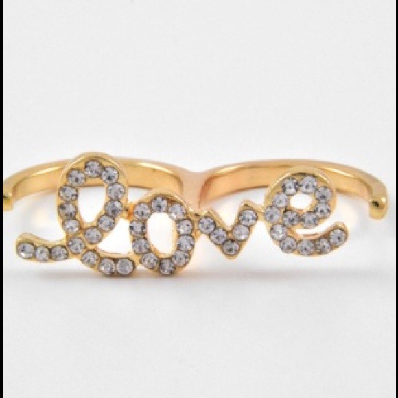 Rhinestone Love Two Finger Cuff Ring