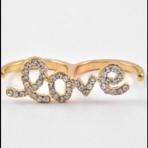 Rhinestone Love Two Finger Cuff Ring