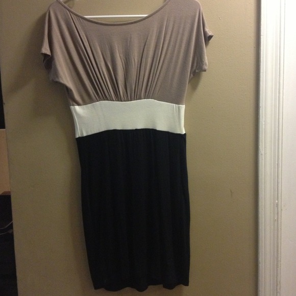 Tan white black office dress