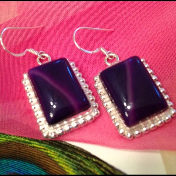 Silver Purple striped onyx Dangle Earrings 💜