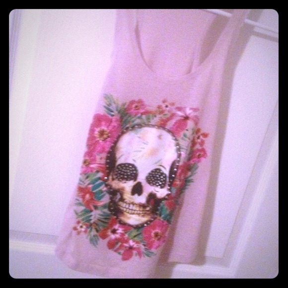 Pink Floral skull studded tank top