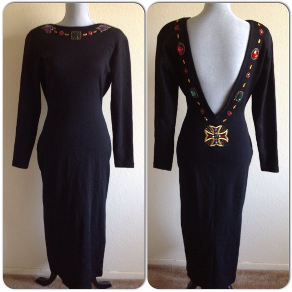 Vintage Deep V back Embellished Black Dress.