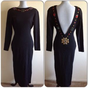 Vintage Deep V back Embellished Black Dress.