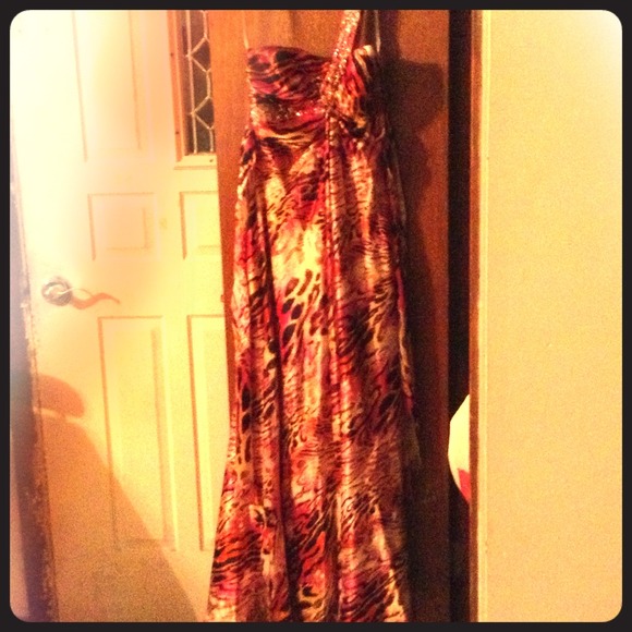 A long multicolored designed dress.