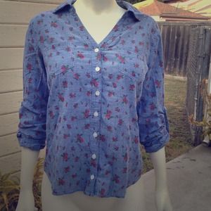 Floral light denim button down shirt