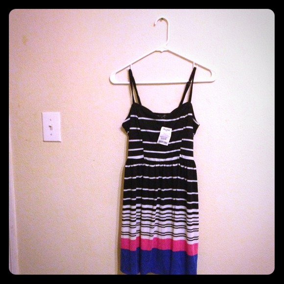 Black, white, cobalt & pink striped dress