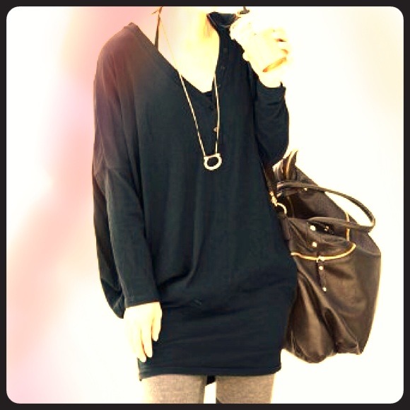 Batwing Sleeve Button Decor V Neck Tunic Blouse