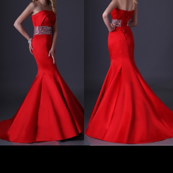 Red formal party evening gown. Bridesmaid dress