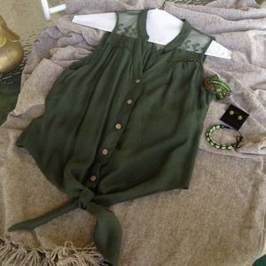 Green blouse with lace trim