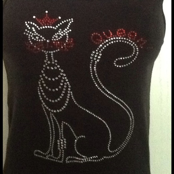 ADORABLE RHINESTONE CAT WIFE BEATER TANK. - Picture 2 of 2